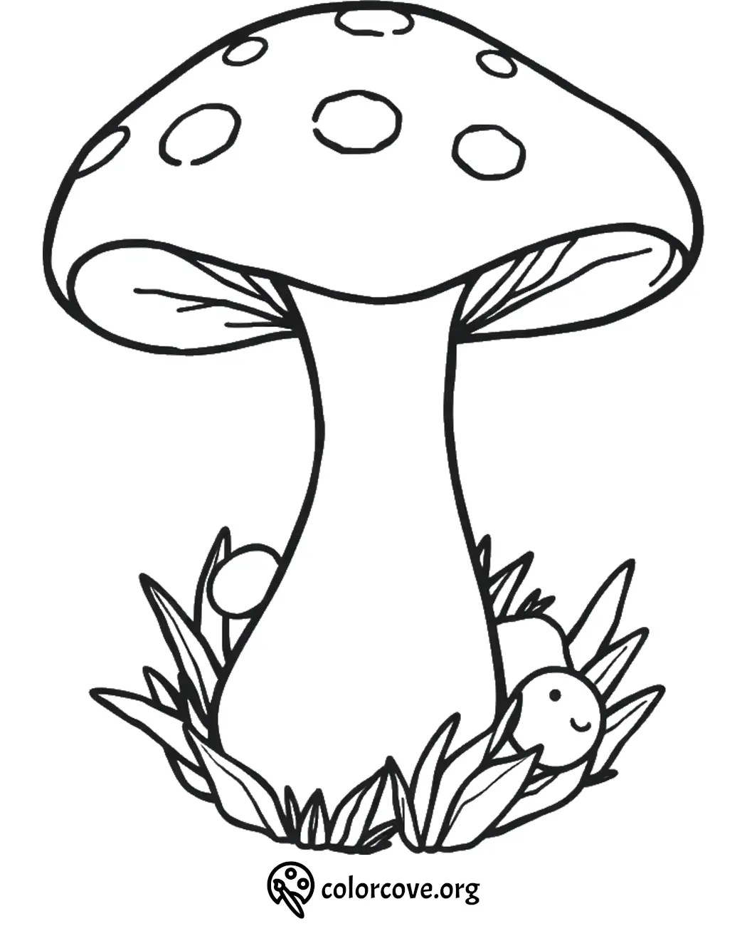 Cute mushroom coloring page with smiley faces among grass. Perfect for kids' creative activities and fun.