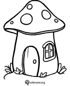 Mushroom house coloring page with door and window, perfect for kids' creativity and imaginative coloring activities.