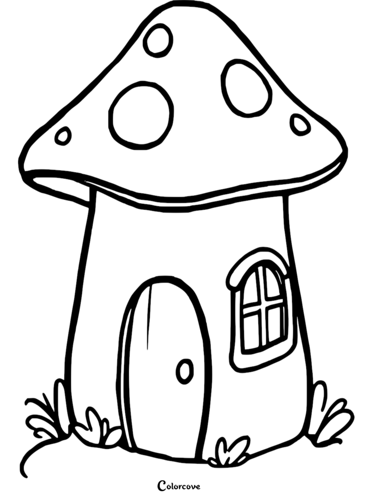 A printable mushroom coloring page featuring a whimsical mushroom house with a spotted cap, arched door, and small window.