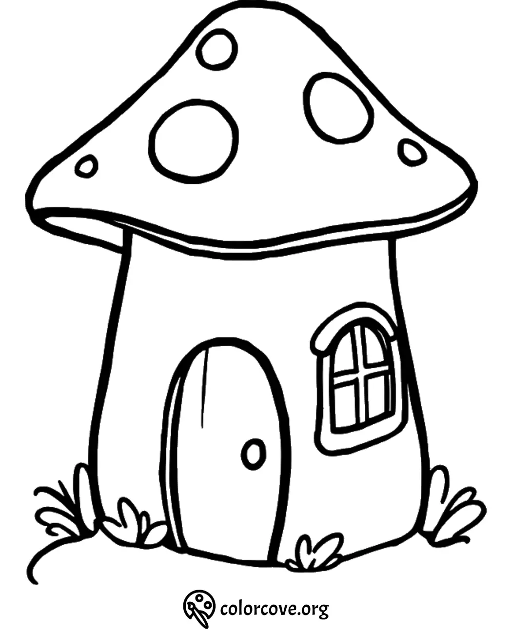 Mushroom house coloring page with door and window, perfect for kids' creativity and imaginative coloring activities.