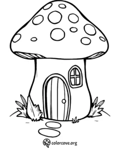 Whimsical mushroom house coloring page with detailed door and window. Perfect for kids' creative coloring activities.