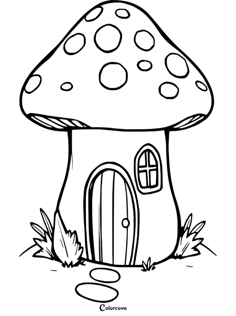 A printable mushroom house coloring page featuring a spotted cap, arched wooden door, and small window.