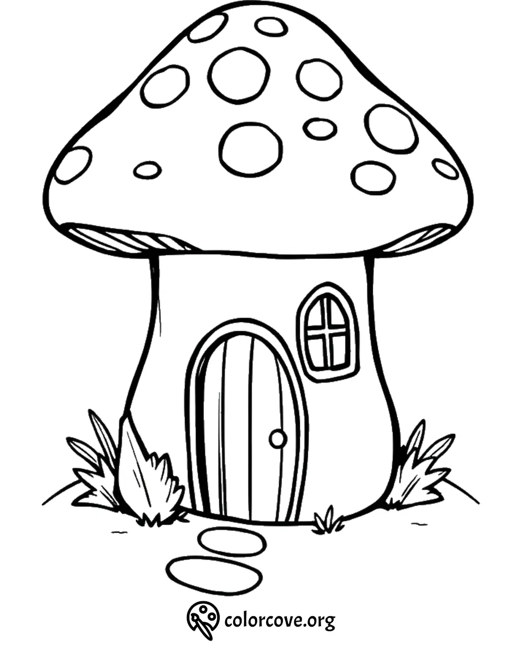 Whimsical mushroom house coloring page with detailed door and window. Perfect for kids' creative coloring activities.