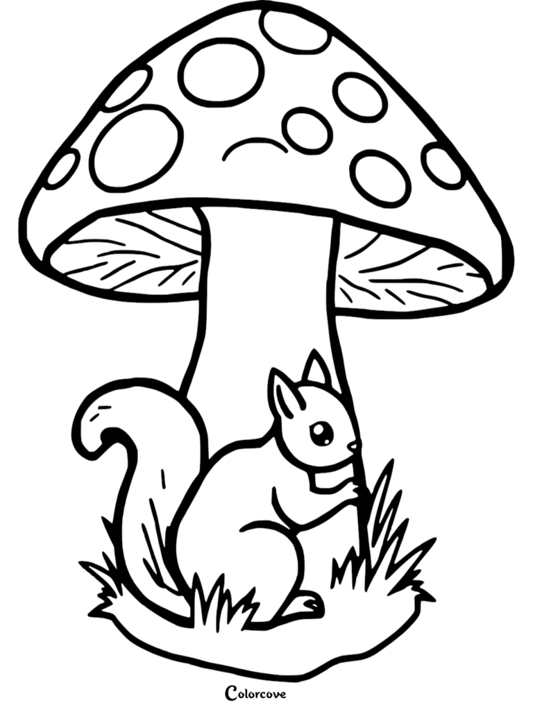A cute squirrel hiding behind a large spotted mushroom in this printable coloring page.