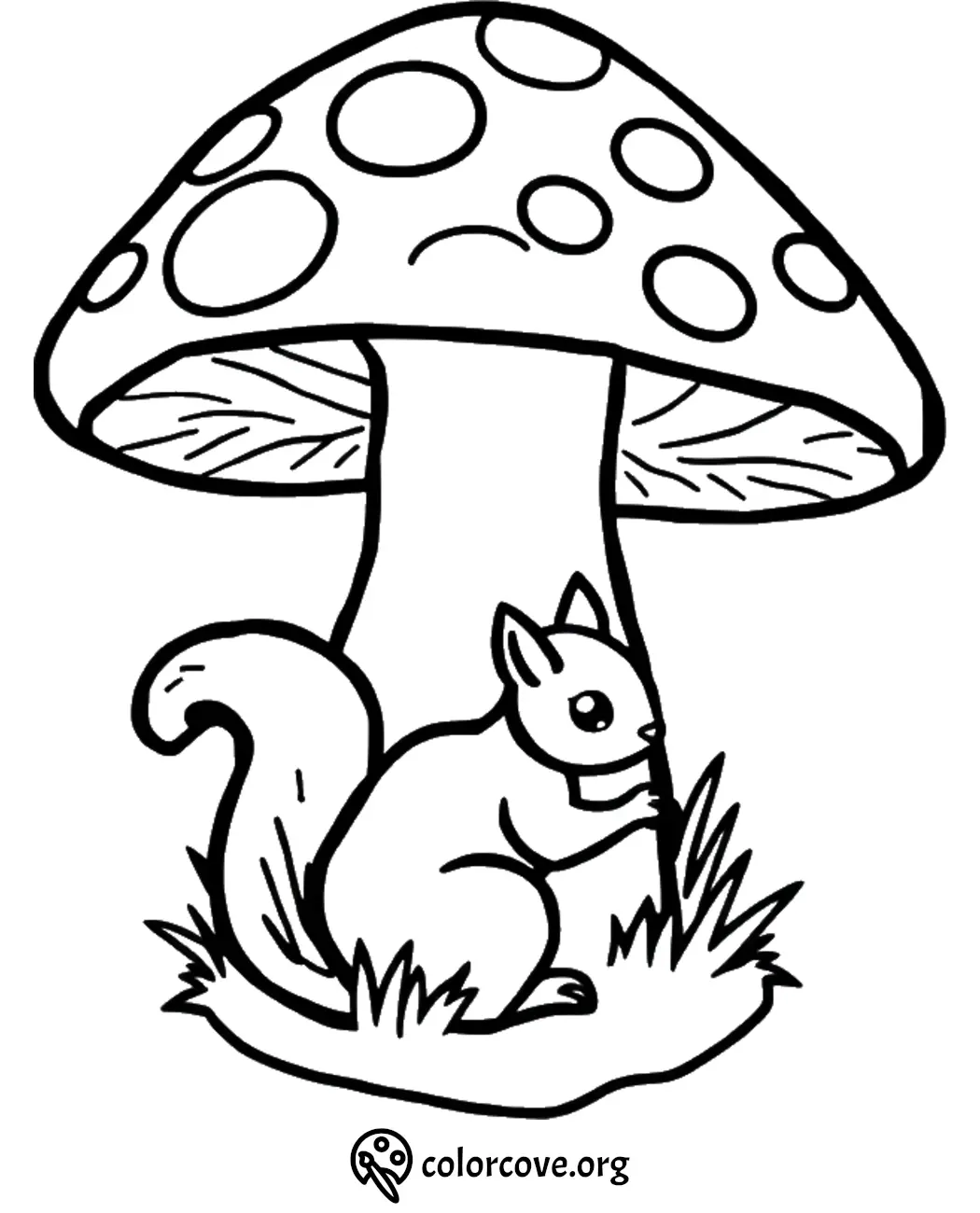 Squirrel under a mushroom coloring page for kids, featuring a cute woodland scene with a playful animal.