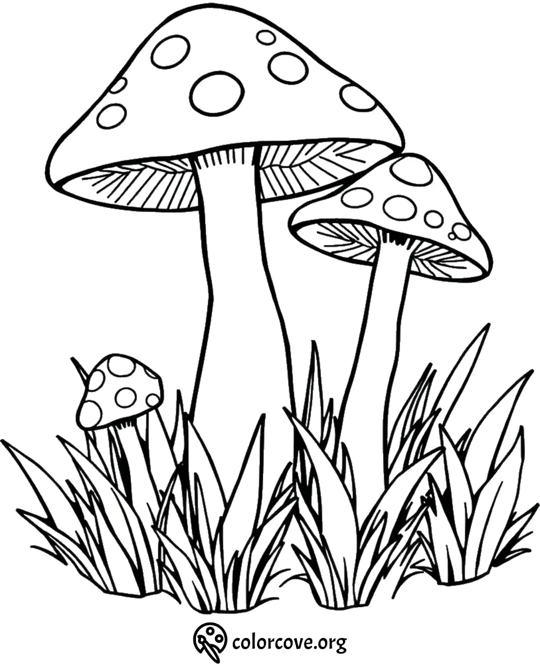 Coloring page of three mushrooms in grass, outlined for coloring fun and creativity.