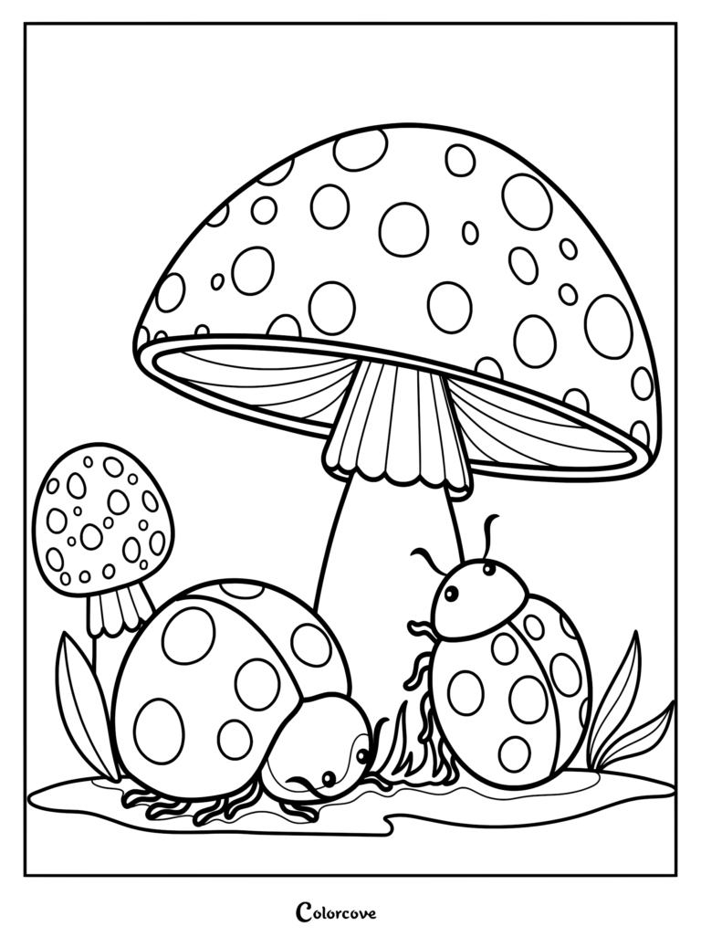 Two ladybugs resting under a large spotted mushroom in this printable coloring page.