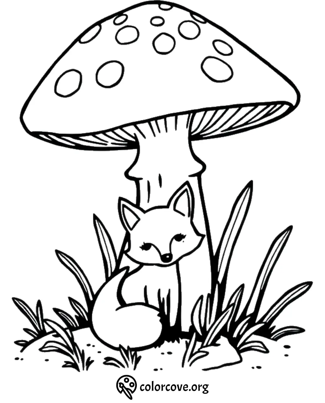 Fox under a large mushroom coloring page for kids, featuring grass and nature in black and white illustration.