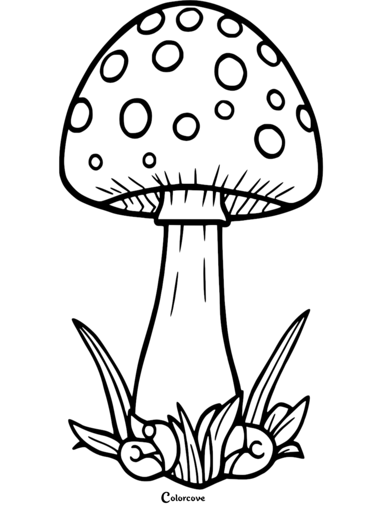 A dotted mushroom coloring page featuring a tall stem surrounded by grass blades.
