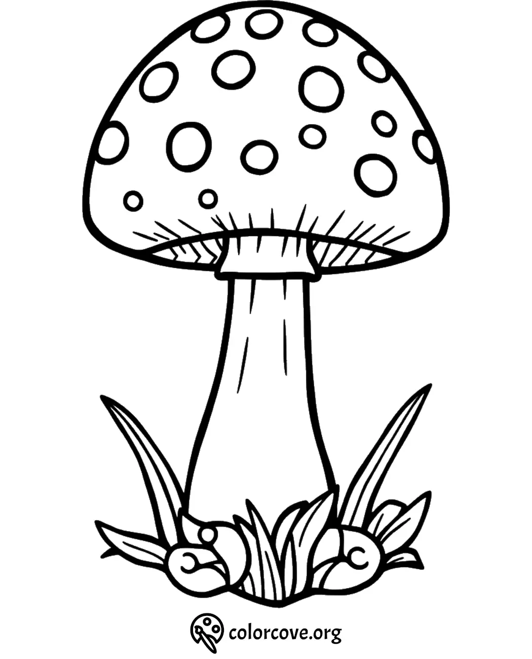 Coloring page with a spotted mushroom and grass, ready for kids and adults to color. Perfect for nature-themed fun.