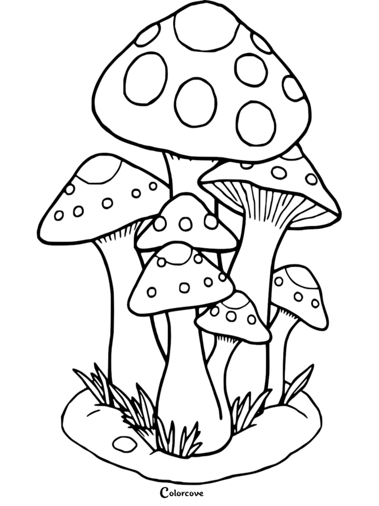 A cluster of six spotted mushrooms of varying sizes in a forest patch, featured as a detailed coloring page.