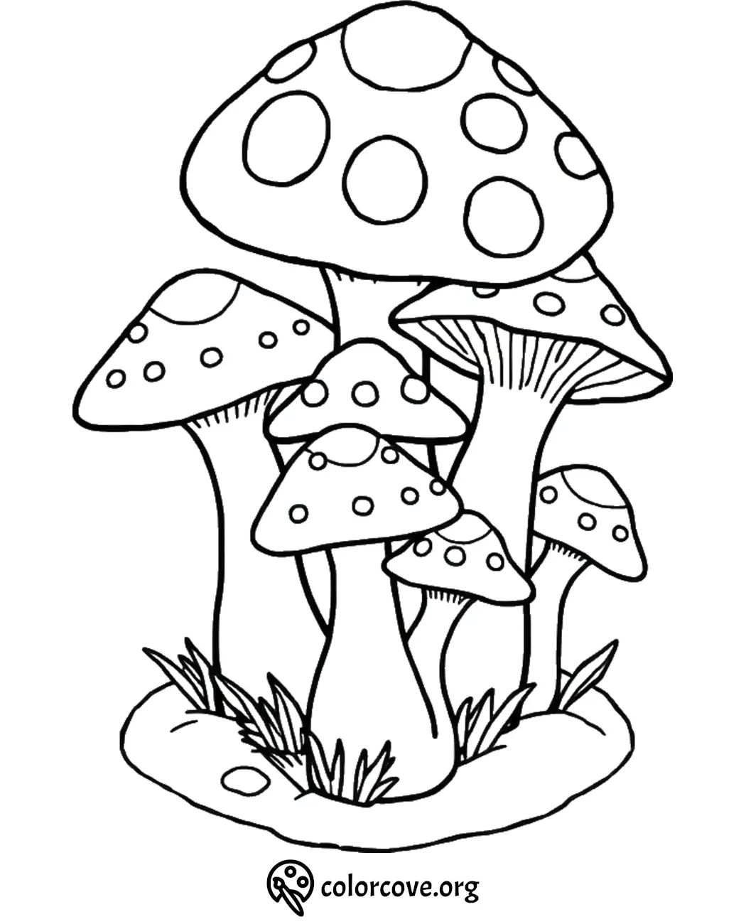 Whimsical mushroom coloring page with dotted caps, ideal for creative kids and adults to color.