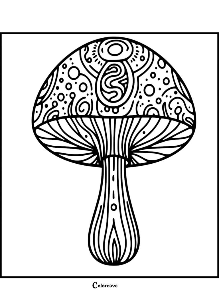 Intricate mushroom coloring page featuring a cap with swirling geometric patterns and detailed gills on the stem.