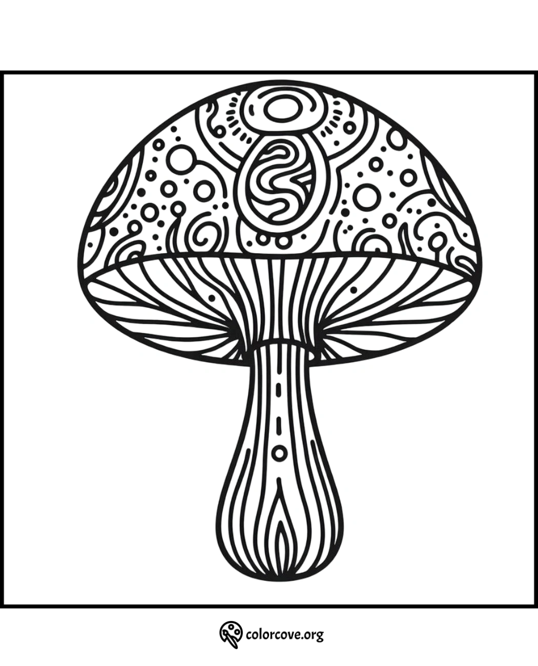 Intricate mushroom coloring page with detailed patterns, perfect for adults looking for a creative and relaxing activity.