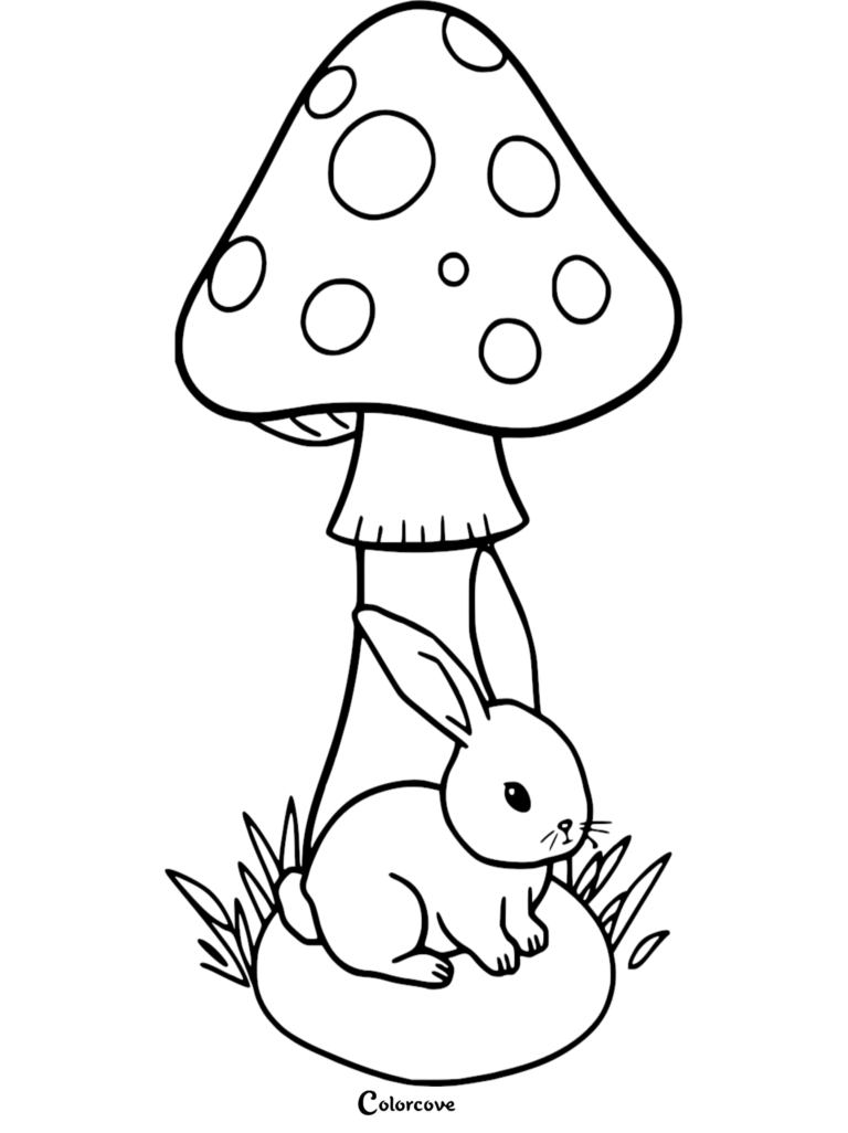 A cute bunny sitting under a large spotted mushroom in this free printable coloring page.