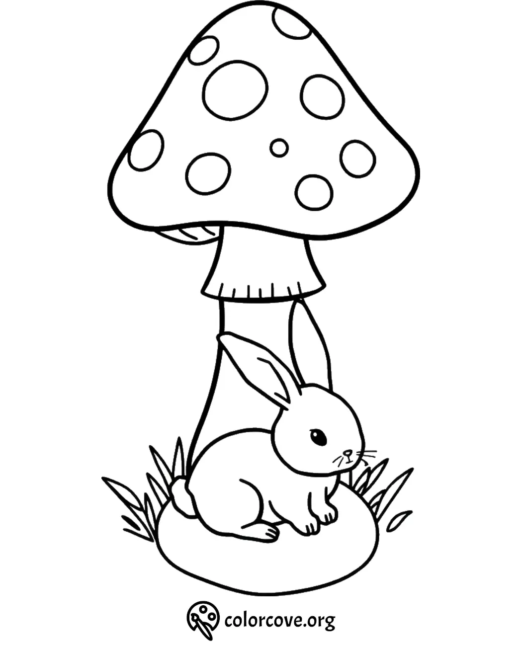 Rabbit under a spotted mushroom coloring page, perfect for kids' creative activities and relaxing art sessions.