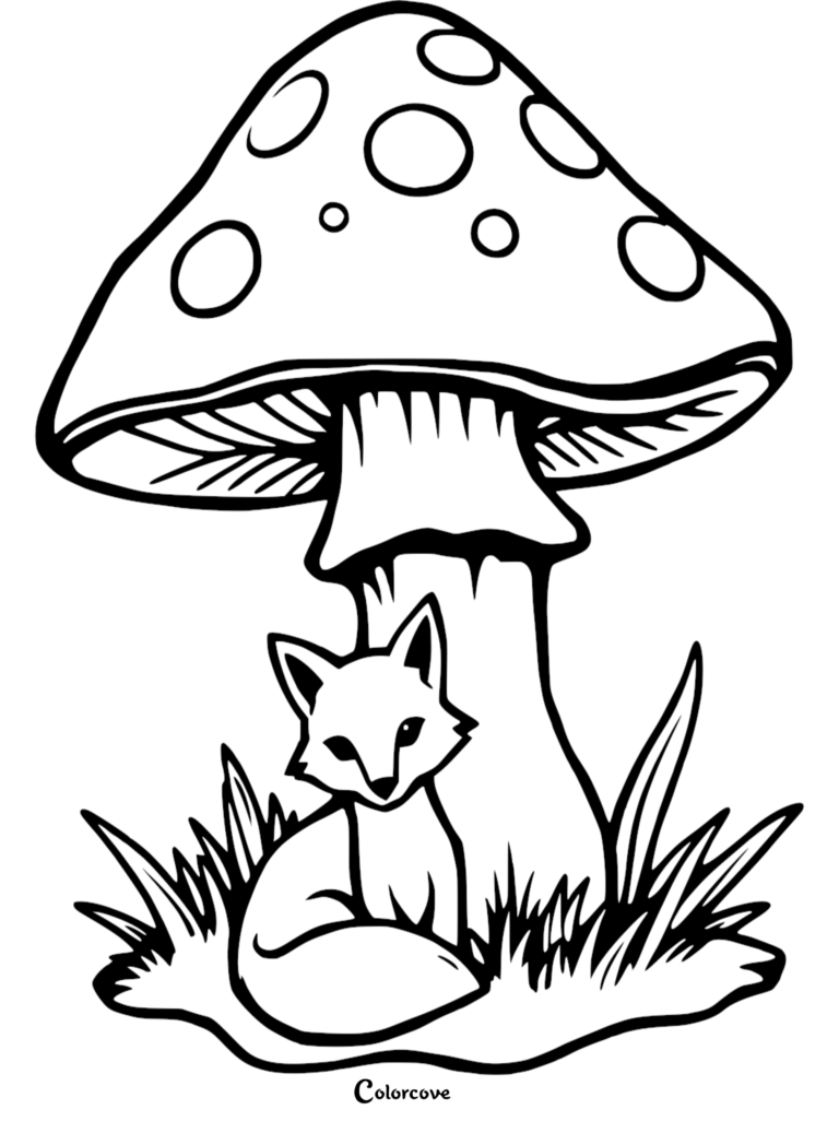 A cute fox sitting under a large spotted mushroom in this printable coloring page.