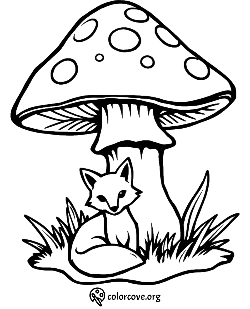 Cute fox coloring page with large mushroom and grass, perfect for kids' art activities.