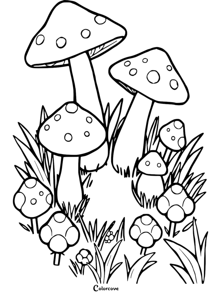A cluster of various sized mushrooms in grass, featured in a printable coloring page.