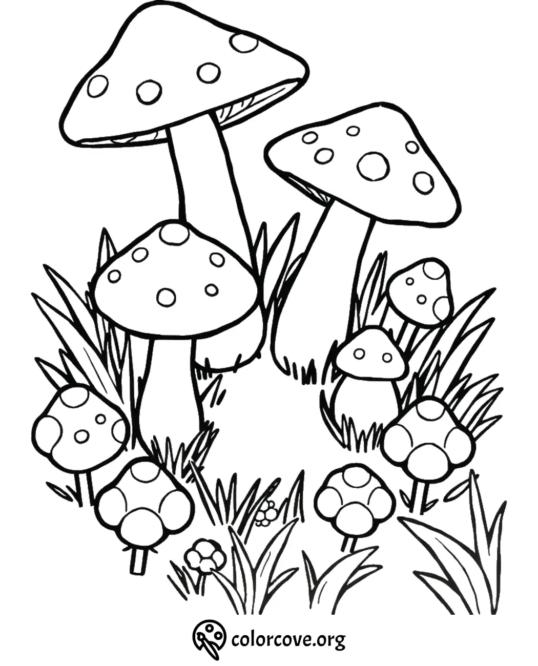 Coloring page featuring mushrooms and grass, perfect for kids to color and explore nature's beauty.