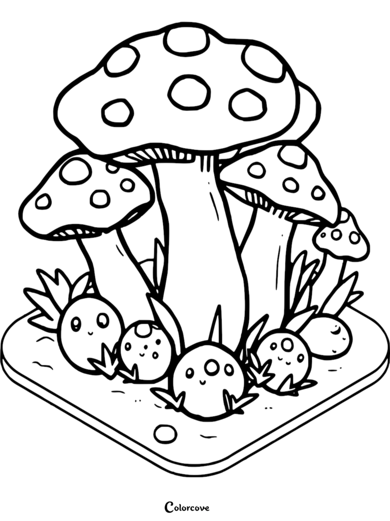 A cluster of spotted mushrooms with cute smiling forest creatures on a coloring page.
