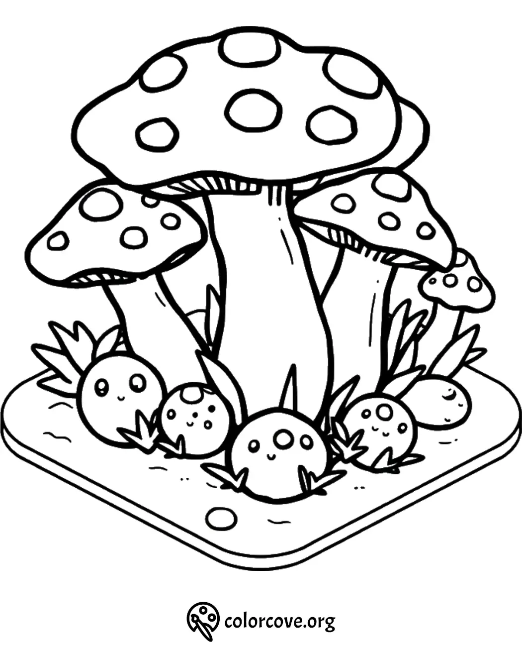 Cute mushroom and creature coloring page with whimsical cartoon designs, ready for creative coloring fun.