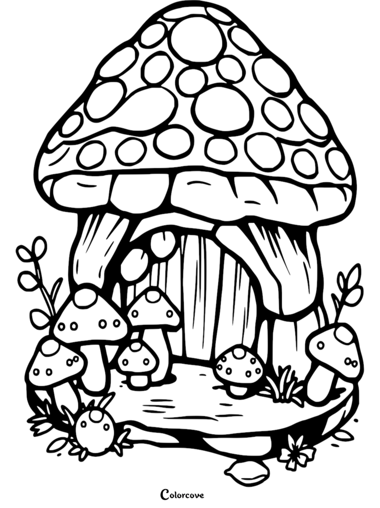 A large mushroom house with a wooden door surrounded by smaller mushrooms in this printable coloring page.
