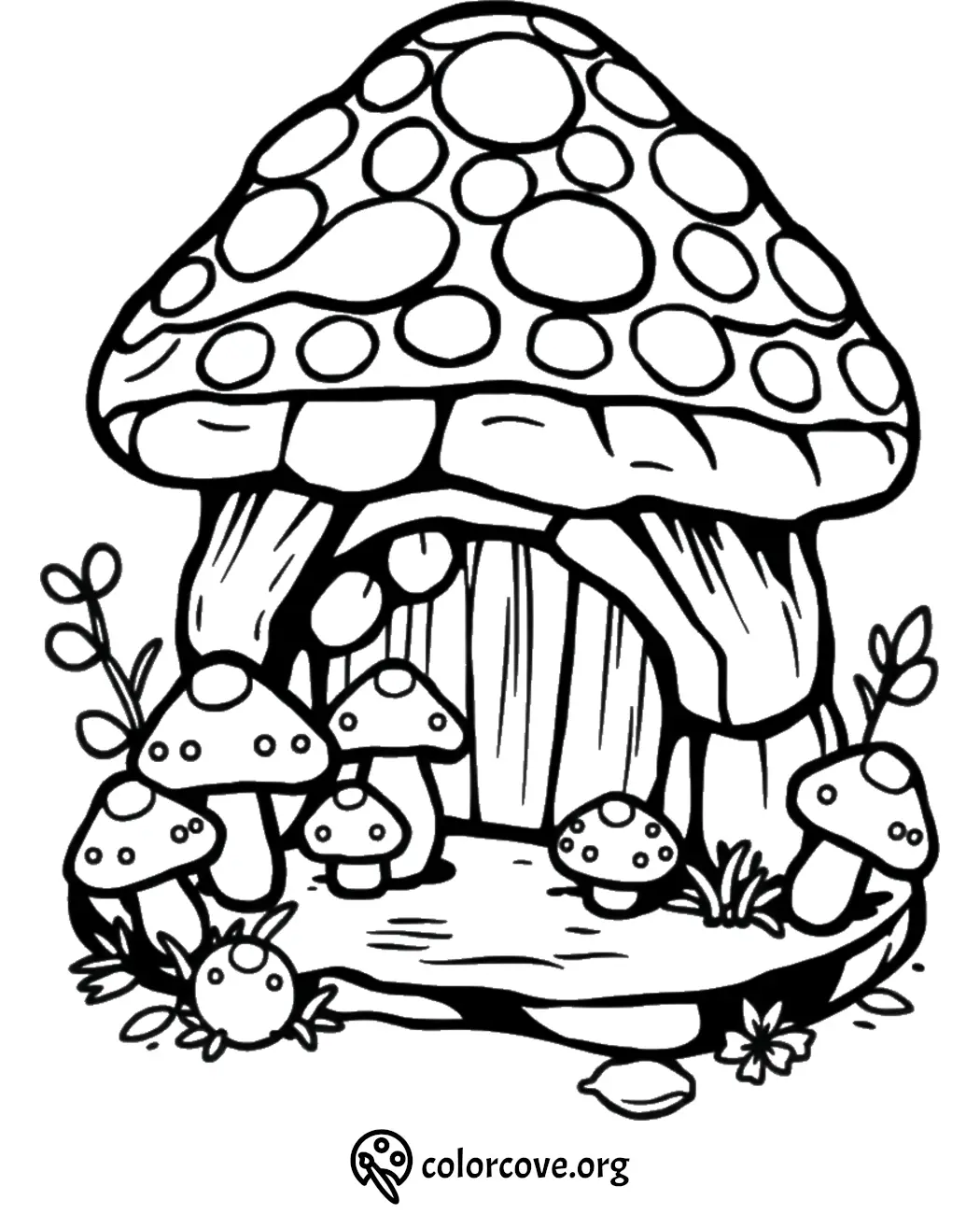 Illustrated mushroom house coloring page with surrounding smaller mushrooms and plants. Perfect for kids' creative fun.