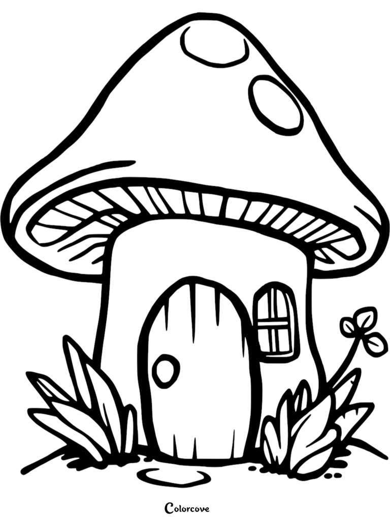 A printable mushroom coloring page featuring a whimsical mushroom house with a small door, window, and surrounding grass.