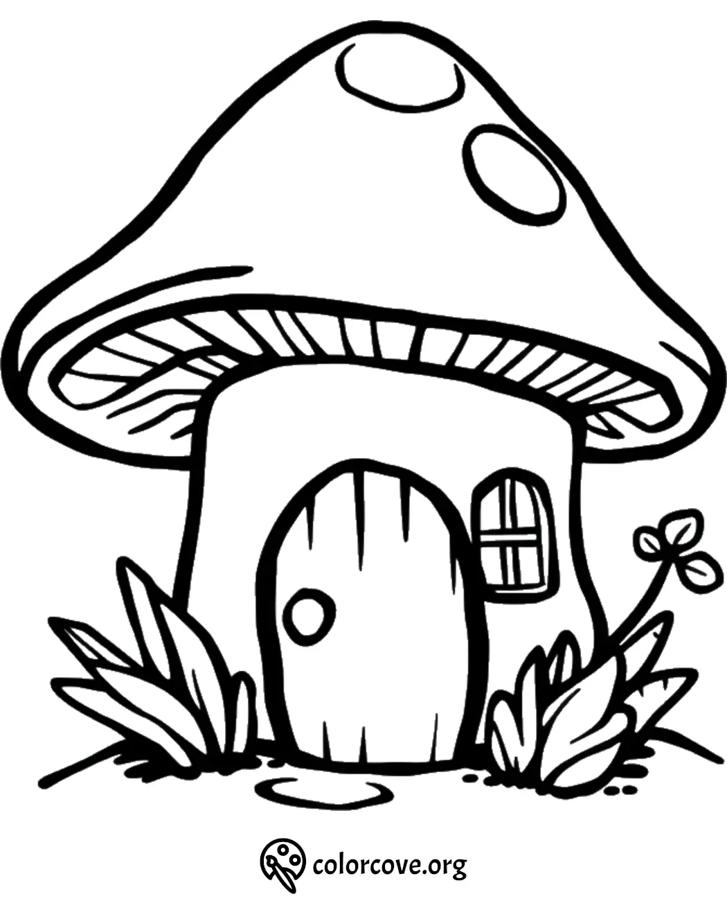 Whimsical mushroom house coloring page for kids, featuring a quaint design with plants for creative fun.