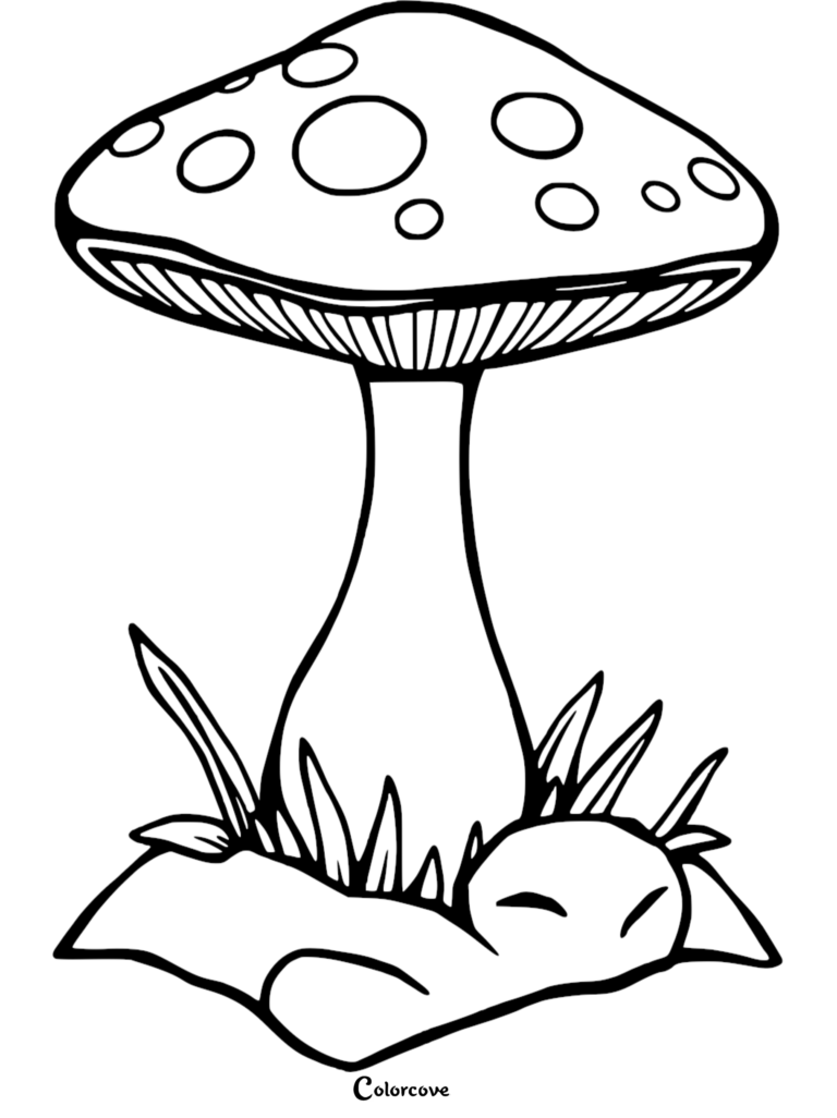 A detailed mushroom coloring page featuring a spotted cap and grass base.