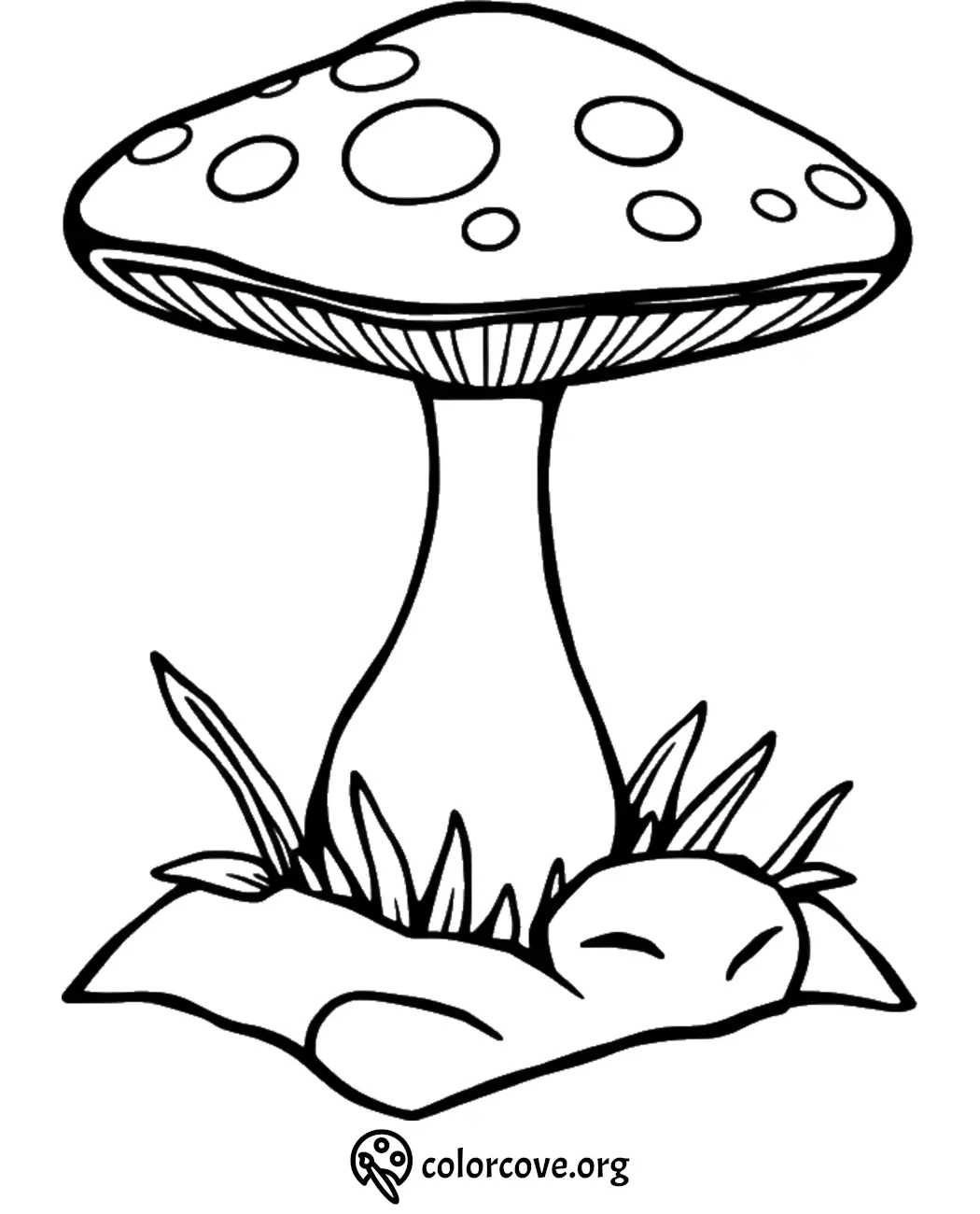 Coloring page featuring a detailed mushroom with grass and rocks, perfect for kids and nature art enthusiasts.