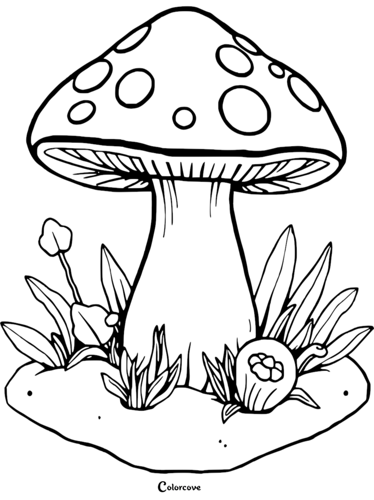 A large spotted mushroom surrounded by grass and small plants in this printable coloring page.