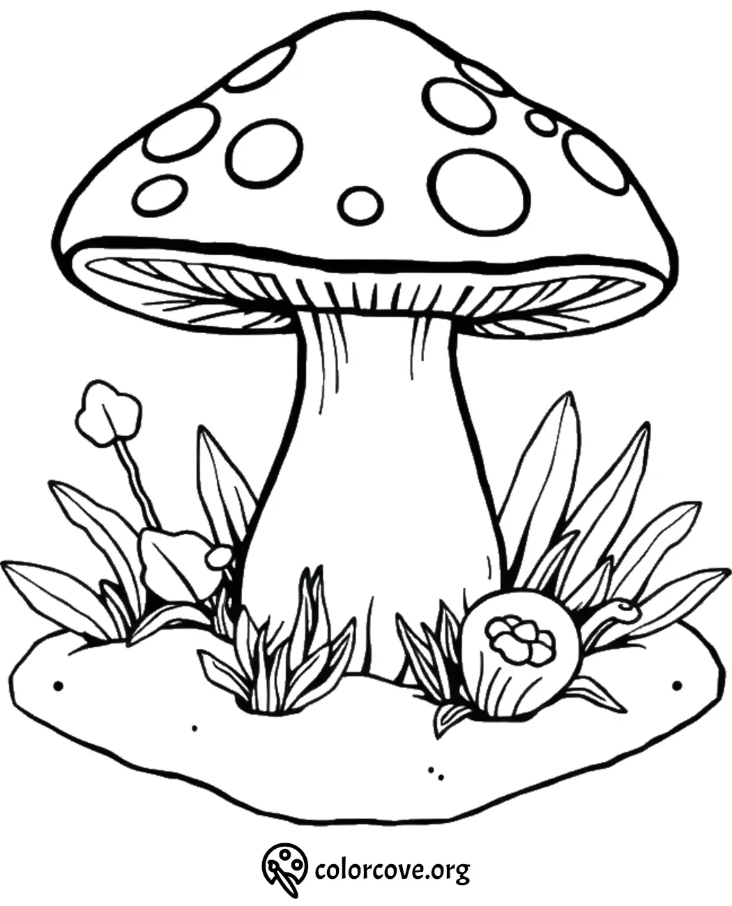 Coloring page with a large mushroom surrounded by grass and flowers, perfect for creative kids' activities.