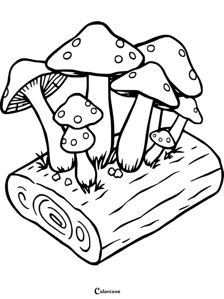 A cluster of spotted mushrooms growing on a wooden log in this free printable coloring page.