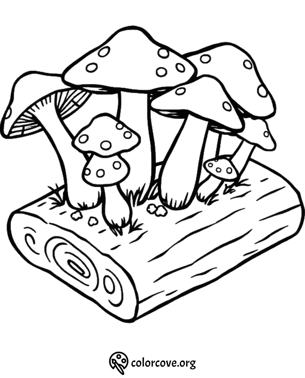 Mushroom coloring page on a log, perfect for kids' creative activities and nature-inspired coloring sessions.