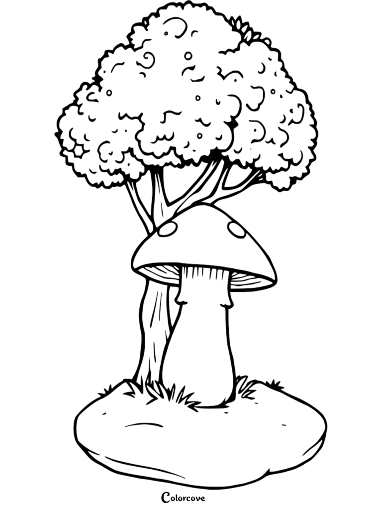 A printable mushroom coloring page featuring a single mushroom growing at the base of a leafy tree.