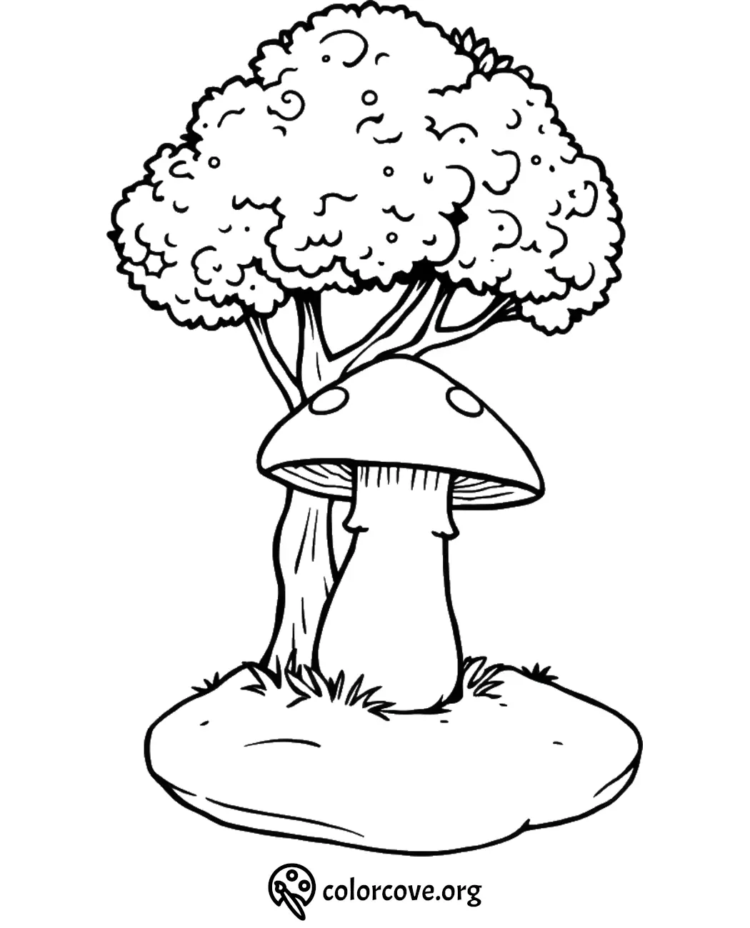 Coloring page of a whimsical mushroom beneath a tree on a grassy mound, from colorcove.org.