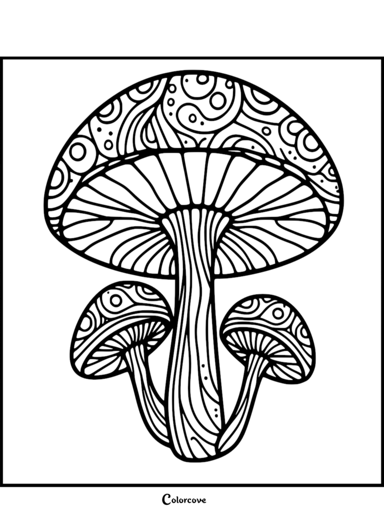 A detailed mushroom coloring page featuring three mushrooms with intricate zentangle patterns on their caps and stems.