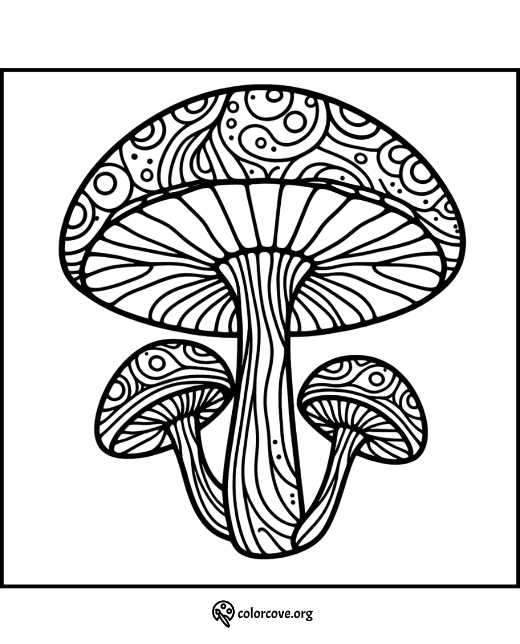 Coloring page featuring intricate mushroom designs with detailed patterns. Perfect for adult coloring and relaxation.