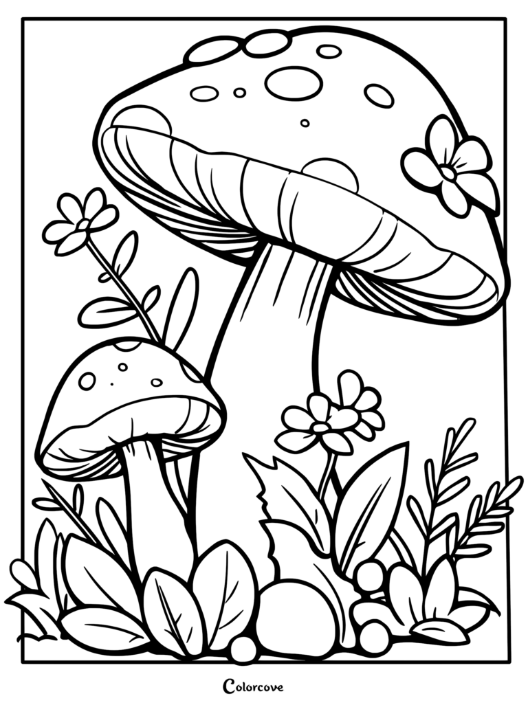 A large spotted mushroom next to a smaller one surrounded by wildflowers and leaves in this detailed coloring page.