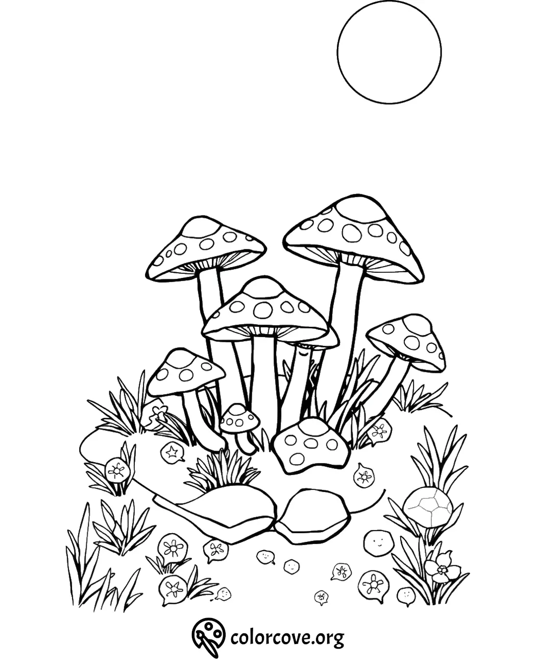 Mushroom coloring page with sun and grass, featuring detailed nature-inspired design for stress relief and creativity.