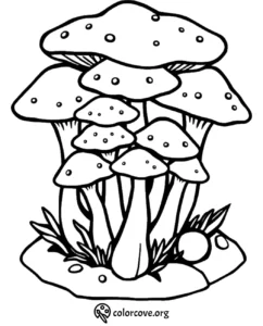 Coloring page of whimsical mushrooms cluster on forest floor, perfect for kids and adults.