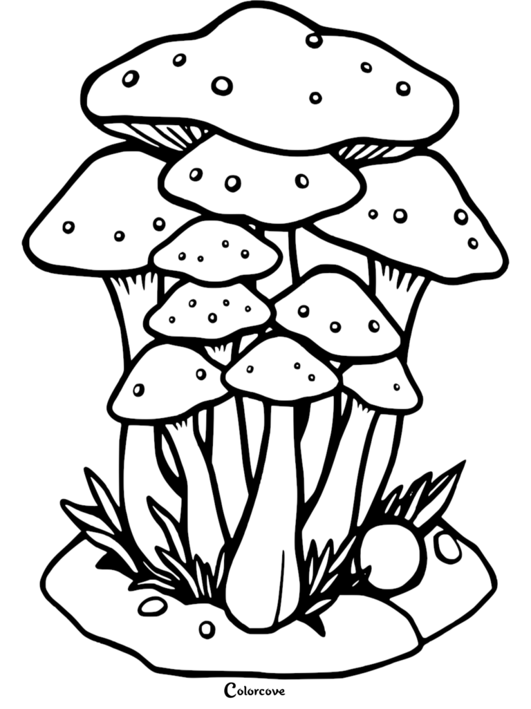 A cluster of spotted mushrooms growing in a patch of grass, featured in a free printable coloring page.