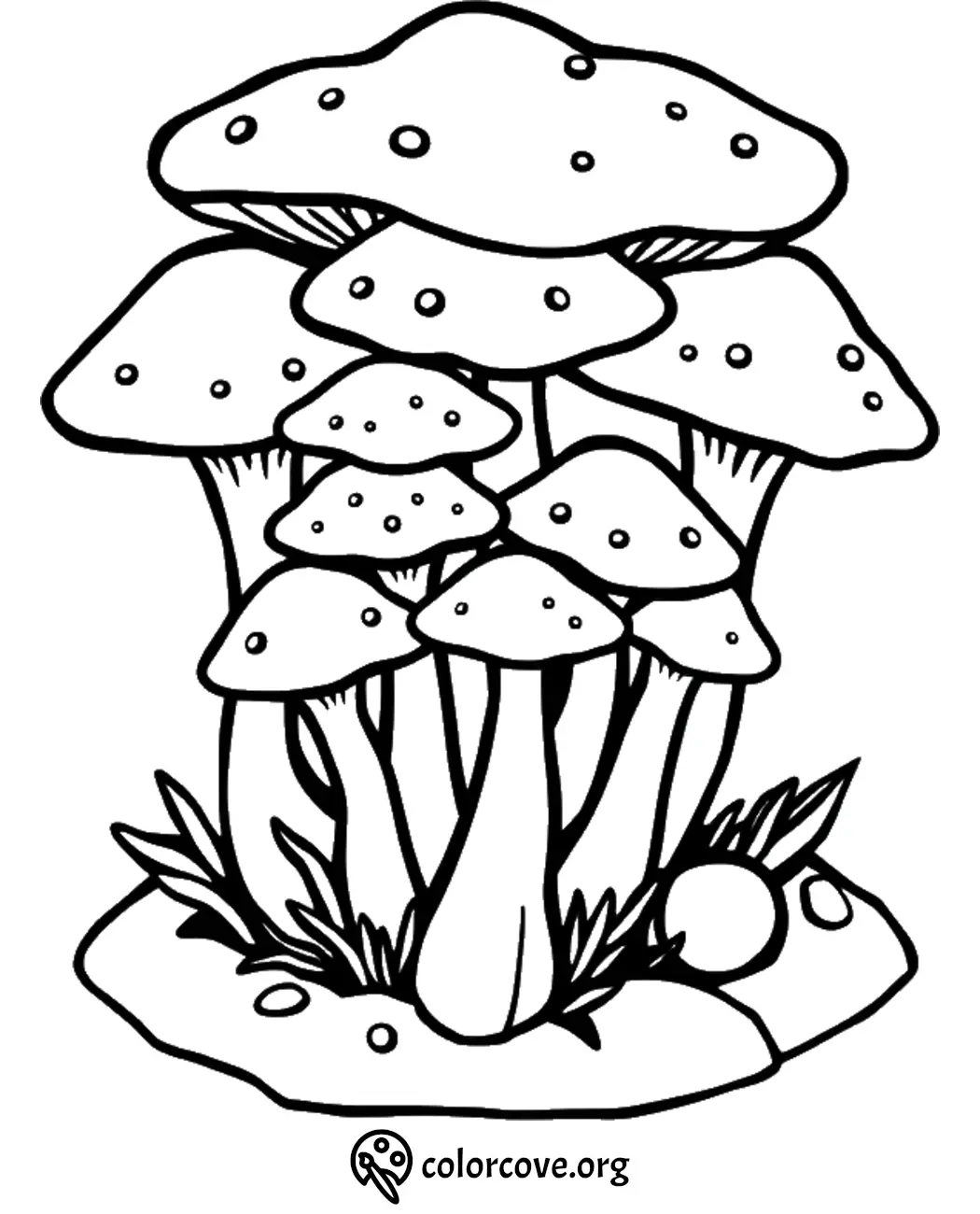 Coloring page of whimsical mushrooms cluster on forest floor, perfect for kids and adults.