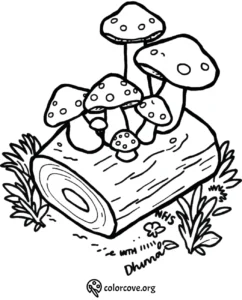 Coloring page with mushrooms growing on a log, surrounded by grass and small plants.