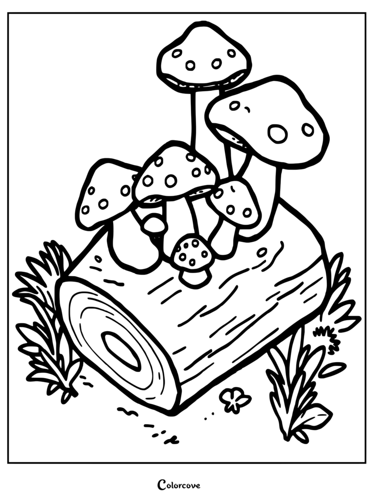 A cluster of spotted mushrooms growing on a fallen log in this free printable coloring page.