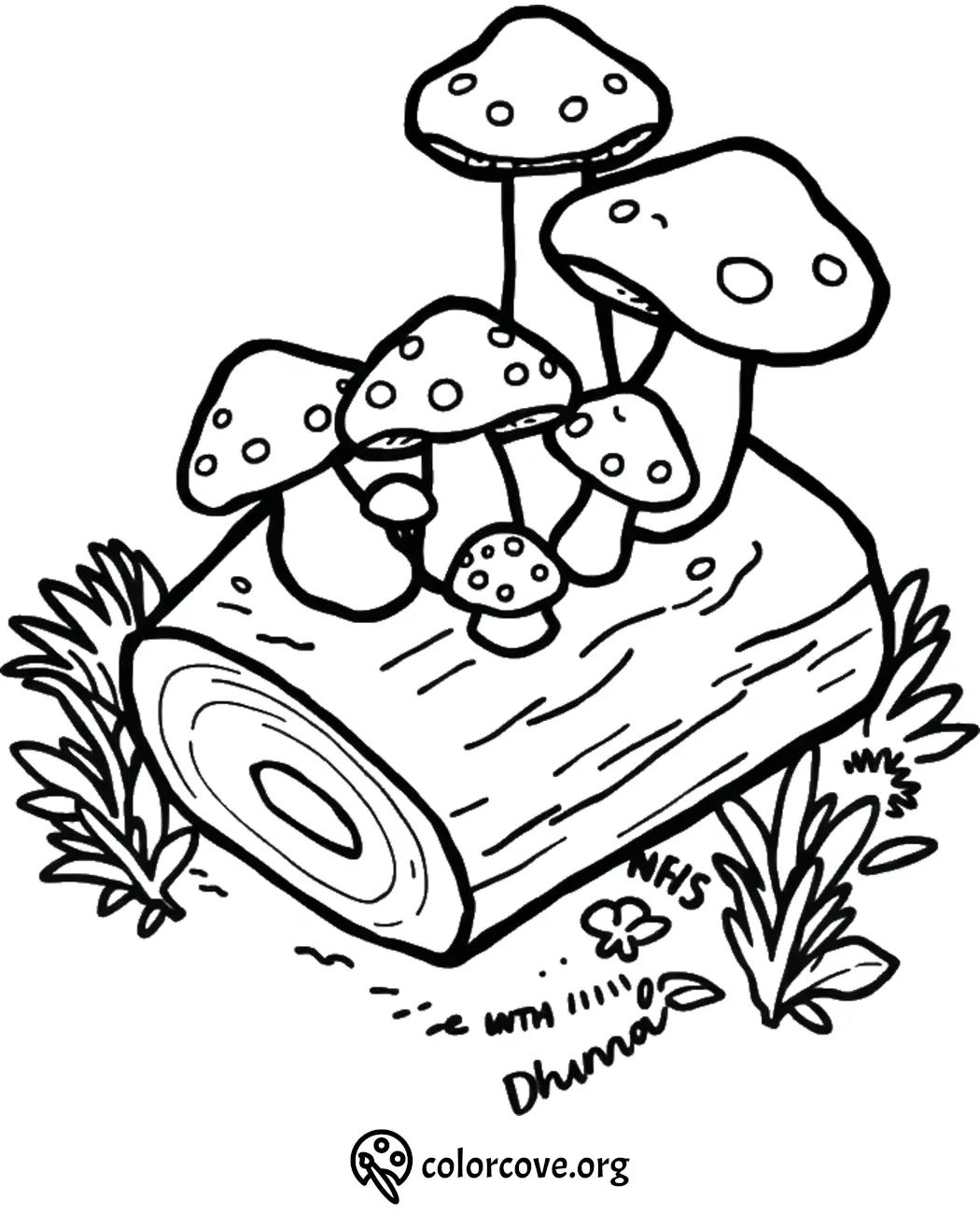 Coloring page with mushrooms growing on a log, surrounded by grass and small plants.