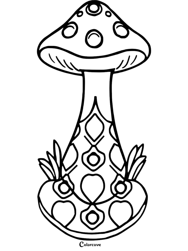 A printable mushroom coloring page featuring a tall fungus with a patterned stem and spotted cap.