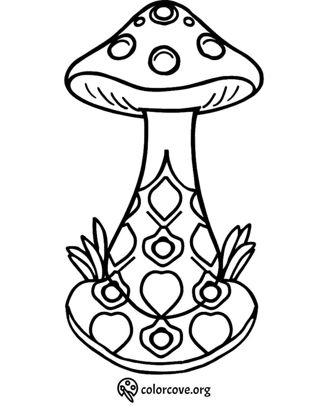 Coloring page of a whimsical mushroom with decorative patterns and shapes. Perfect for creative coloring fun.